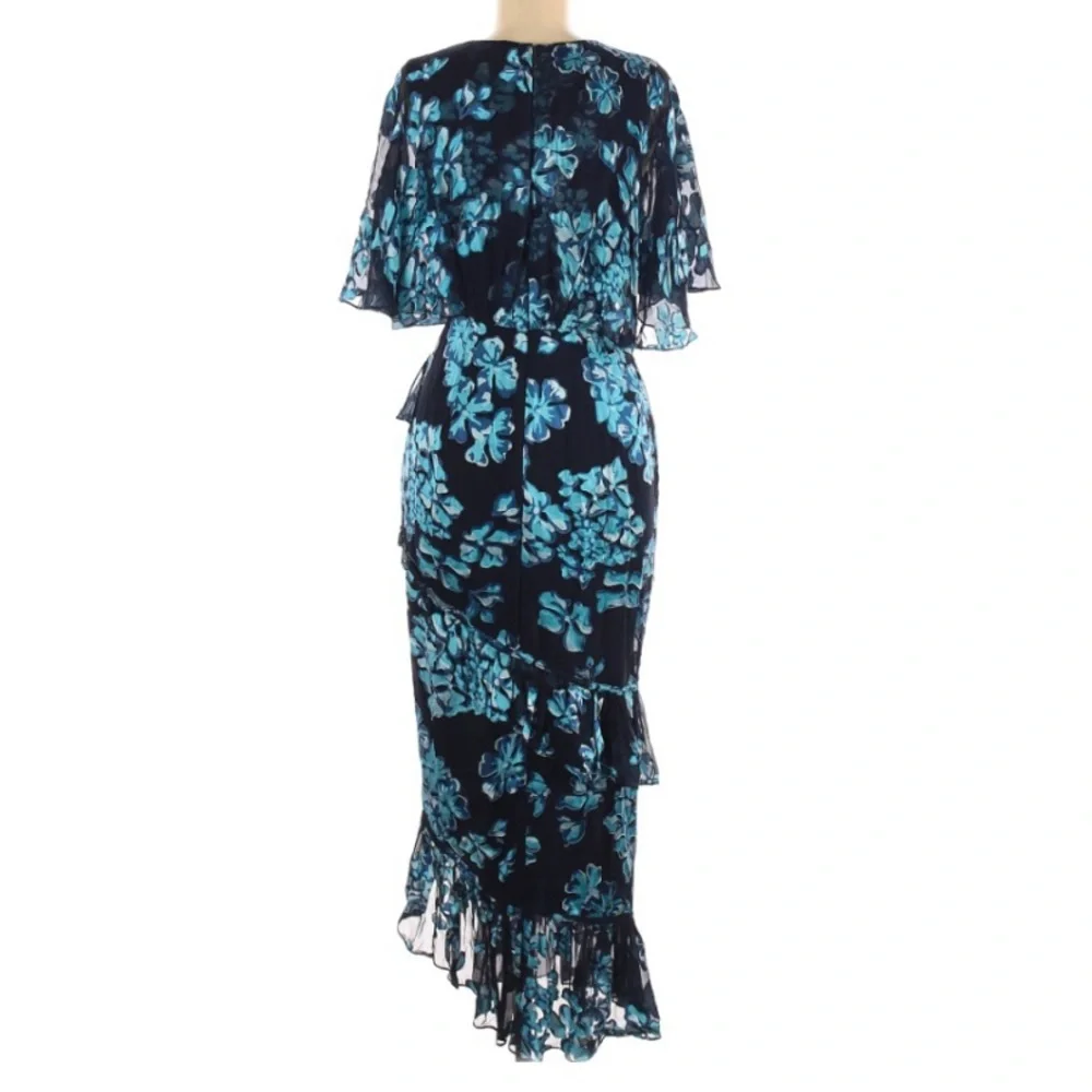 Saloni Blue Rose Ruffle Silk Midi Dress 6 - Picture 3 of 6